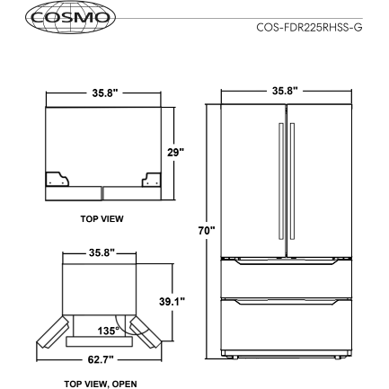 Cosmo Refrigerators Cosmo 22.5 cu. ft. 4-Door French Door Refrigerator with Pull Handle in Stainless Steel, Counter Depth COS-FDR225RHSS-G