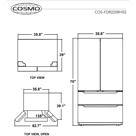 Cosmo Refrigerators Cosmo 22.5 cu. ft. 4-Door French Door Refrigerator with Recessed Handle in Stainless Steel, Counter Depth  COS-FDR225RHSS