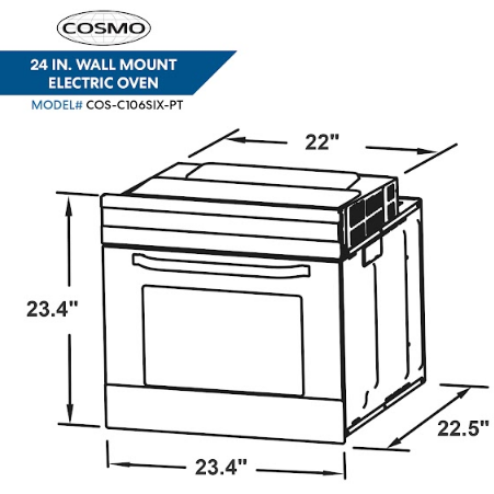 Cosmo 24" 2.5 cu. ft. Single Electric Wall Oven w/8 Functions and True European Convection in Stainless Steel C106SIX-PT