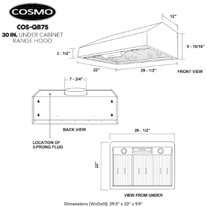 Cosmo 30" Ducted Under Cabinet Range Hood in Stainless Steel with Push Button Controls, LED Lighting and Permanent Filters COS-QB75