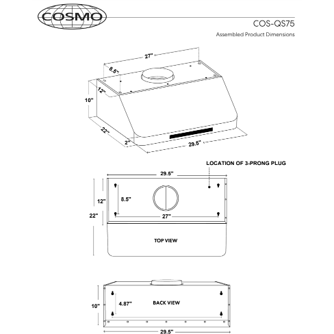 Cosmo 30" Ducted Under Cabinet Range Hood in Stainless Steel with Touch Display, LED Lighting and Permanent Filters COS-QS75