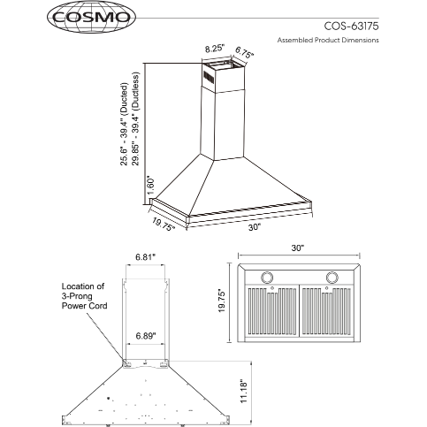 Cosmo 30'' Ductless Wall Mount Range Hood in Stainless Steel with LED Lighting and Carbon Filter Kit for Recirculating  COS-63175-DL