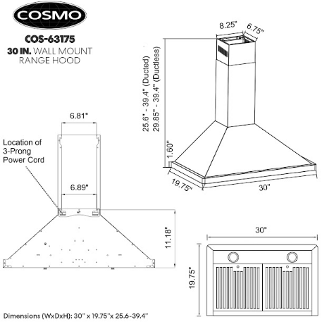 Cosmo 30'' Ductless Wall Mount Range Hood in Stainless Steel with LED Lighting and Carbon Filter Kit for Recirculating  COS-63175-DL