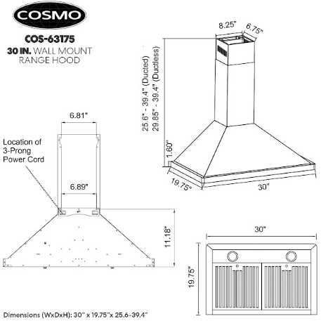 Cosmo Range Hood Cosmo 30'' Ductless Wall Mount Range Hood in Stainless Steel with LED Lighting and Carbon Filter Kit for Recirculating  COS-63175-DL