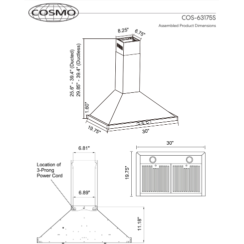 Cosmo 30" Ductless Wall Mount Range Hood in Stainless Steel with LED Lighting and Carbon Filter Kit for Recirculating COS-63175S-DL