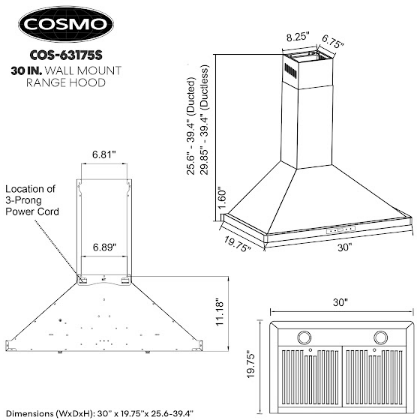 Cosmo 30" Ductless Wall Mount Range Hood in Stainless Steel with LED Lighting and Carbon Filter Kit for Recirculating COS-63175S-DL