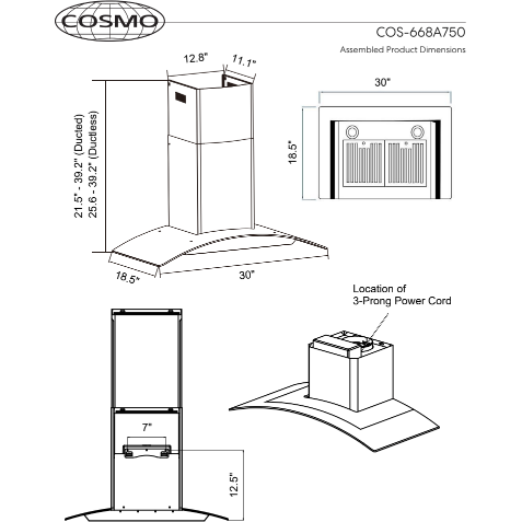 Cosmo 30" Ductless Wall Mount Range Hood in Stainless Steel with LED Lighting and Carbon Filter Kit for Recirculating COS-668A750-DL