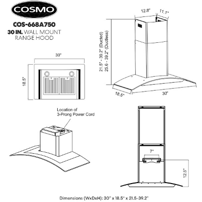 Cosmo 30" Ductless Wall Mount Range Hood in Stainless Steel with LED Lighting and Carbon Filter Kit for Recirculating COS-668A750-DL