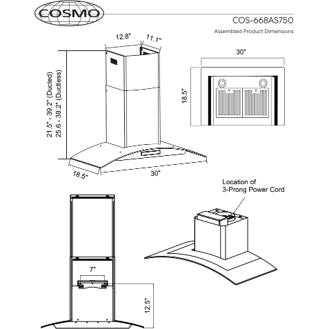 Cosmo 30" Ductless Wall Mount Range Hood in Stainless Steel with LED Lighting and Carbon Filter Kit for Recirculating COS-668AS750-DL