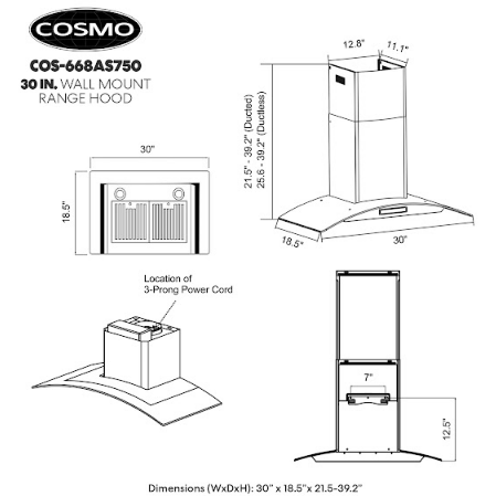 Cosmo Range Hood Cosmo 30" Ductless Wall Mount Range Hood in Stainless Steel with LED Lighting and Carbon Filter Kit for Recirculating COS-668AS750-DL