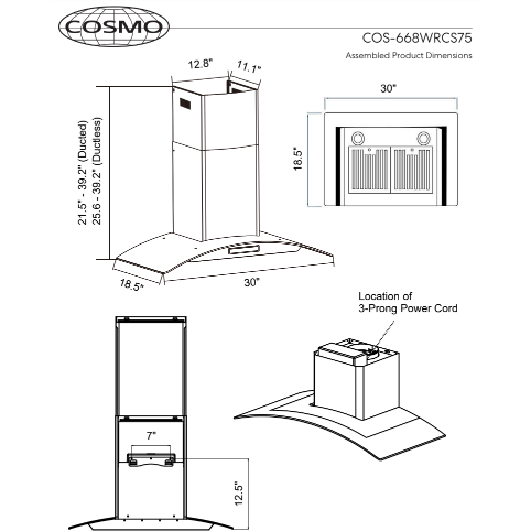 Cosmo 30" Ductless Wall Mount Range Hood in Stainless Steel with Soft Touch Controls, LED Lighting and Carbon Filter Kit for Recirculating COS-668WRCS75-DL