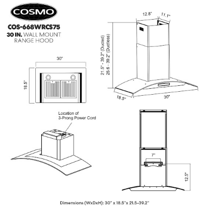 Cosmo 30" Ductless Wall Mount Range Hood in Stainless Steel with Soft Touch Controls, LED Lighting and Carbon Filter Kit for Recirculating COS-668WRCS75-DL