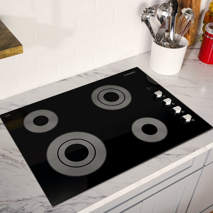 Cosmo 30" Electric Ceramic Glass Cooktop with 4 Burners, Dual Zone Elements, Hot Surface Indicator Light and Control Knobs COS-304ECC