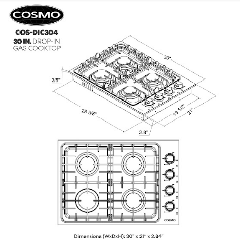 Cosmo 30" Gas Cooktop in Stainless Steel with 4 Italian Made Burners COS-DIC304