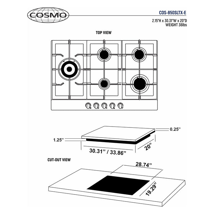 Cosmo 30" Gas Cooktop in Stainless Steel with 5 Sealed Brass Burners 850SLTX-E