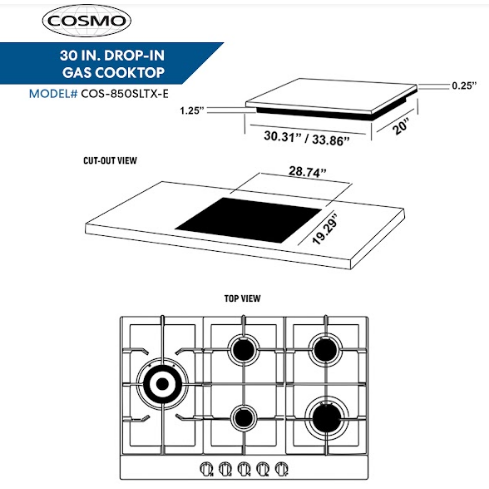 Cosmo 30" Gas Cooktop in Stainless Steel with 5 Sealed Brass Burners 850SLTX-E