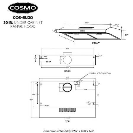 Cosmo 30" Under Cabinet Range Hood with Ducted / Ductless Convertible Slim Kitchen Over Stove Vent, 3 Speed Exhaust Fan, Reusable Filter, LED Lights in Stainless Steel COS-5U30