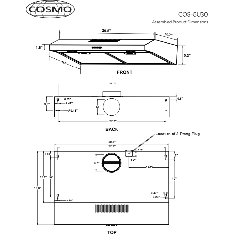 Cosmo Range Hood Cosmo 30" Under Cabinet Range Hood with Ducted / Ductless Convertible Slim Kitchen Over Stove Vent, 3 Speed Exhaust Fan, Reusable Filter, LED Lights in Stainless Steel COS-5U30