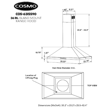 Cosmo 36" Ducted Island Range Hood with 380 CFM, 3-Speed Fan, Permanent Filters, LED Lights in Stainless Steel COS-63ISS90