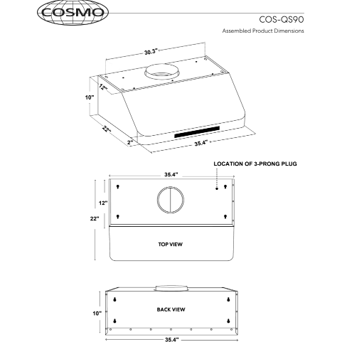 Cosmo 36" Ducted Under Cabinet Range Hood in Stainless Steel with Touch Display, LED Lighting and Permanent Filters COS-QS90