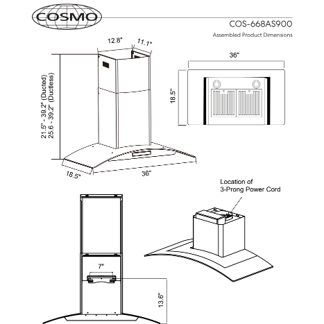 Cosmo 36" Ducted Wall Mount Range Hood in Stainless Steel with Touch Controls, LED Lighting and Permanent Filters  COS-668AS900