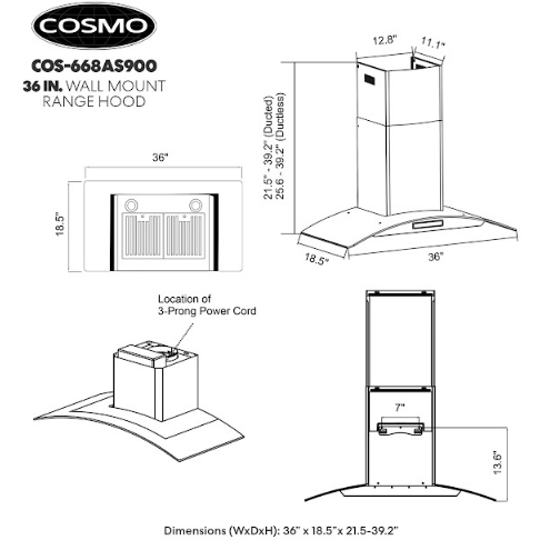 Cosmo 36" Ducted Wall Mount Range Hood in Stainless Steel with Touch Controls, LED Lighting and Permanent Filters  COS-668AS900