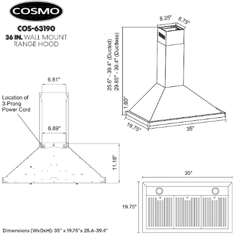 Cosmo 36''  Ductless Wall Mount Range Hood in Stainless Steel with LED Lighting and Carbon Filter Kit for Recirculating COS-63190-DL