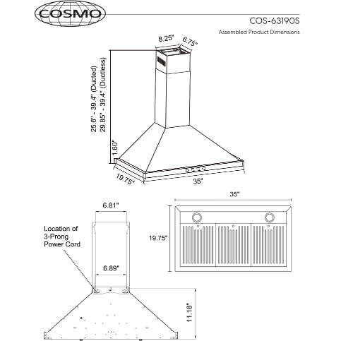 Cosmo 36" Ductless Wall Mount Range Hood in Stainless Steel with LED Lighting and Carbon Filter Kit for Recirculating COS-63190S-DL