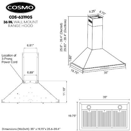 Cosmo 36" Ductless Wall Mount Range Hood in Stainless Steel with LED Lighting and Carbon Filter Kit for Recirculating COS-63190S-DL