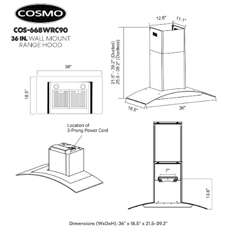 Cosmo 36" Ductless Wall Mount Range Hood in Stainless Steel with Push Button Controls, LED Lighting and Carbon Filter Kit for Recirculating COS-668WRC90-DL