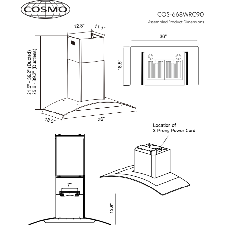 Cosmo 36" Ductless Wall Mount Range Hood in Stainless Steel with Push Button Controls, LED Lighting and Carbon Filter Kit for Recirculating COS-668WRC90-DL