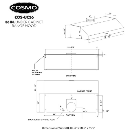 Cosmo 36" Under Cabinet Range Hood with Push Button Controls, 3-Speed Fan, LED Lights and Permanent Filters in Stainless Steel UC36