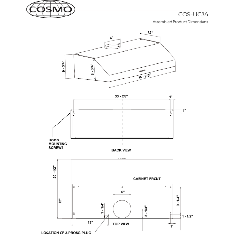 Cosmo 36" Under Cabinet Range Hood with Push Button Controls, 3-Speed Fan, LED Lights and Permanent Filters in Stainless Steel UC36