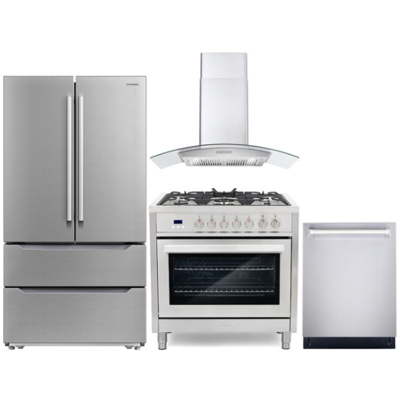 Cosmo 4 Piece, 36" Dual Fuel Range 36" Range Hood 24" Dishwasher & Refrigerator COS-4PKG-222