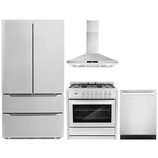 Cosmo 4-Piece, 36" Dual Fuel Range, 36" Range Hood, Dishwasher and Refrigerator COS-4PKG-073