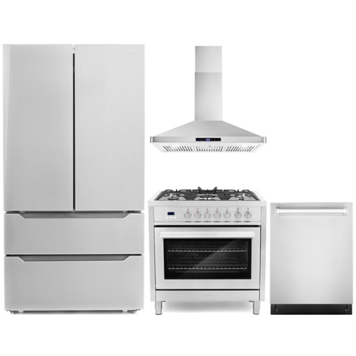 Cosmo 4-Piece, 36" Dual Fuel Range, 36" Range Hood, Dishwasher and Refrigerator COS-4PKG-079