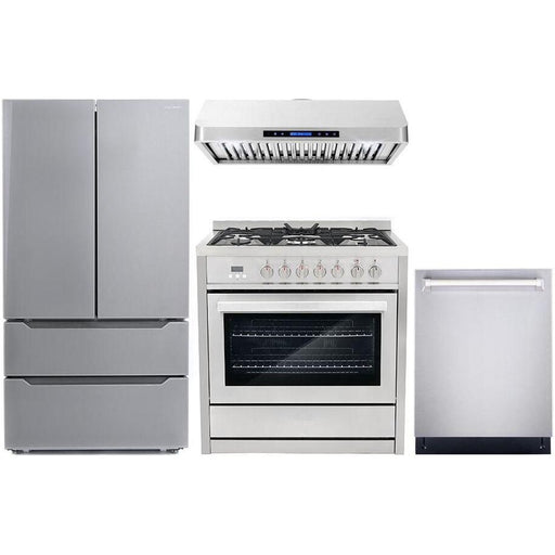 Cosmo 4-Piece, 36" Gas Range, 36" Range Hood, 24" Dishwasher and Refrigerator COS-4PKG-026