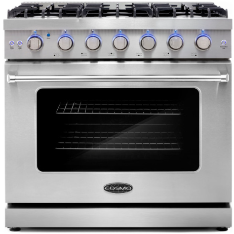 Cosmo 4-Piece, 36" Gas Range, 36" Range Hood, 24" Dishwasher and Refrigerator COS-4PKG-110