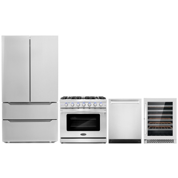 Cosmo 4-Piece, 36" Gas Range, Dishwasher, Refrigerator and 48 Bottle Wine Cooler COS-4PKG-104