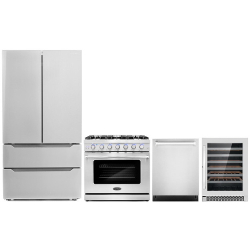Cosmo Kitchen Appliance Packages Cosmo 4-Piece, 36" Gas Range, Dishwasher, Refrigerator and 48 Bottle Wine Cooler COS-4PKG-104