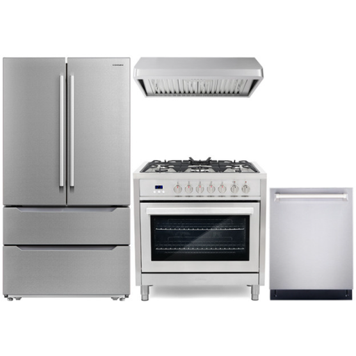 Cosmo 4 Piece, 36" Range 36" Range Hood 24" Dishwasher & Refrigerator COS-4PKG-221