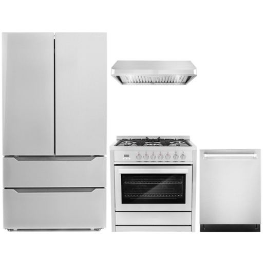 Cosmo 4-Piece, 36" Range, Under Cabinet Range Hood, Dishwasher and Refrigerator COS-4PKG-071