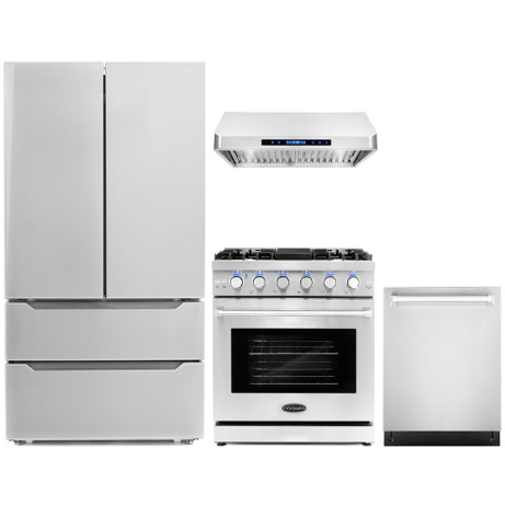 Cosmo Kitchen Appliance Packages Cosmo 4 Piece Kitchen Appliance Package with French Door Refrigerator , 30'' Gas Freestanding Range , Built-In Dishwasher , and Under Cabinet Range Hood COS-4PKG-089