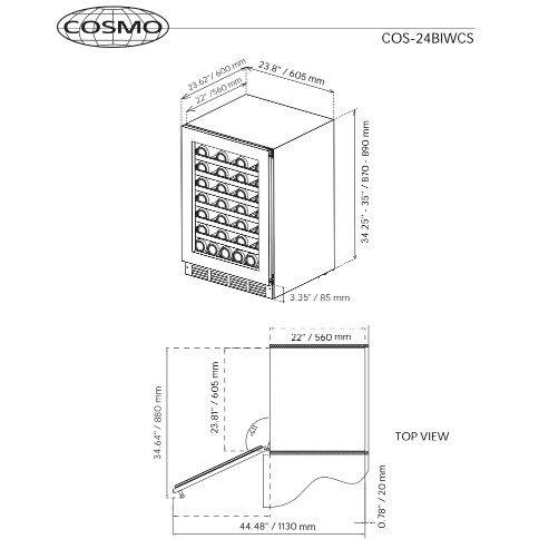 Cosmo 48 Bottle Stainless Steel 24 in. Single Zone Compressor Wine Cooler COS-24BIWCS