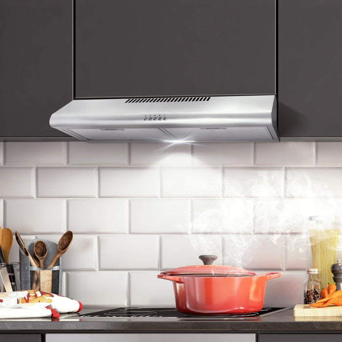 Cosmo 5MU30 30 in. Under Cabinet Range Hood with Ducted / Ductless Convertible Duct, Slim Kitchen Stove Vent with, 3 Speed Exhaust Fan, Reusable Filter and LED Lights in Stainless Steel COS-5MU30