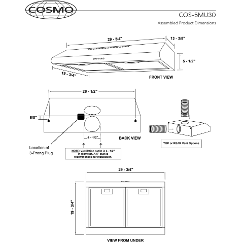 Cosmo 5MU30 30 in. Under Cabinet Range Hood with Ducted / Ductless Convertible Duct, Slim Kitchen Stove Vent with, 3 Speed Exhaust Fan, Reusable Filter and LED Lights in Stainless Steel COS-5MU30