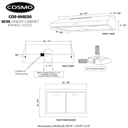 Cosmo 5MU30 30 in. Under Cabinet Range Hood with Ducted / Ductless Convertible Duct, Slim Kitchen Stove Vent with, 3 Speed Exhaust Fan, Reusable Filter and LED Lights in Stainless Steel COS-5MU30