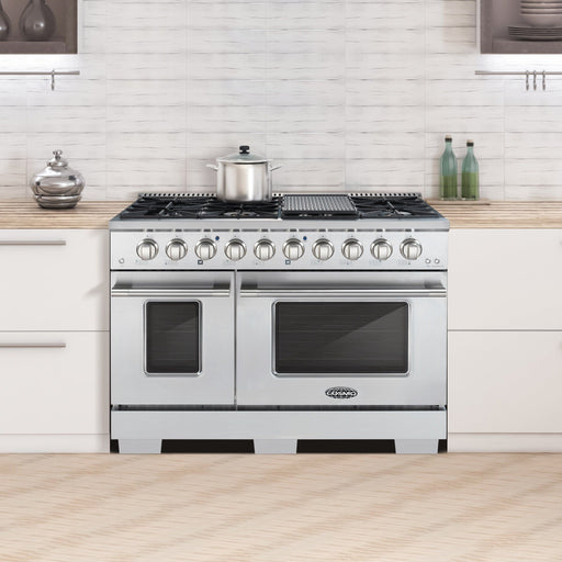 Cosmo Gas Range Cosmo Commercial-Style 48'' 5.5 cu. ft. Double Oven Gas Range with 8 Italian Burners and Heavy Duty Cast Iron Grates in Stainless Steel COS-GRP486G