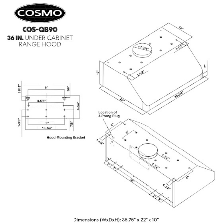 Cosmo QB90 36 in. Under Cabinet Range Hood with Push Button Controls, Permanent Filters, LED Lights, Convertible from Ducted to Ductless (Kit Not Included) in Stainless Steel COS-QB90