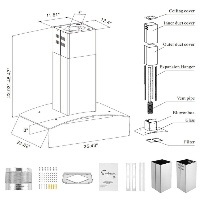 Empava 36 in. Kitchen 400 CFM Island Wall Mount Ducted Range Hood 36RH09